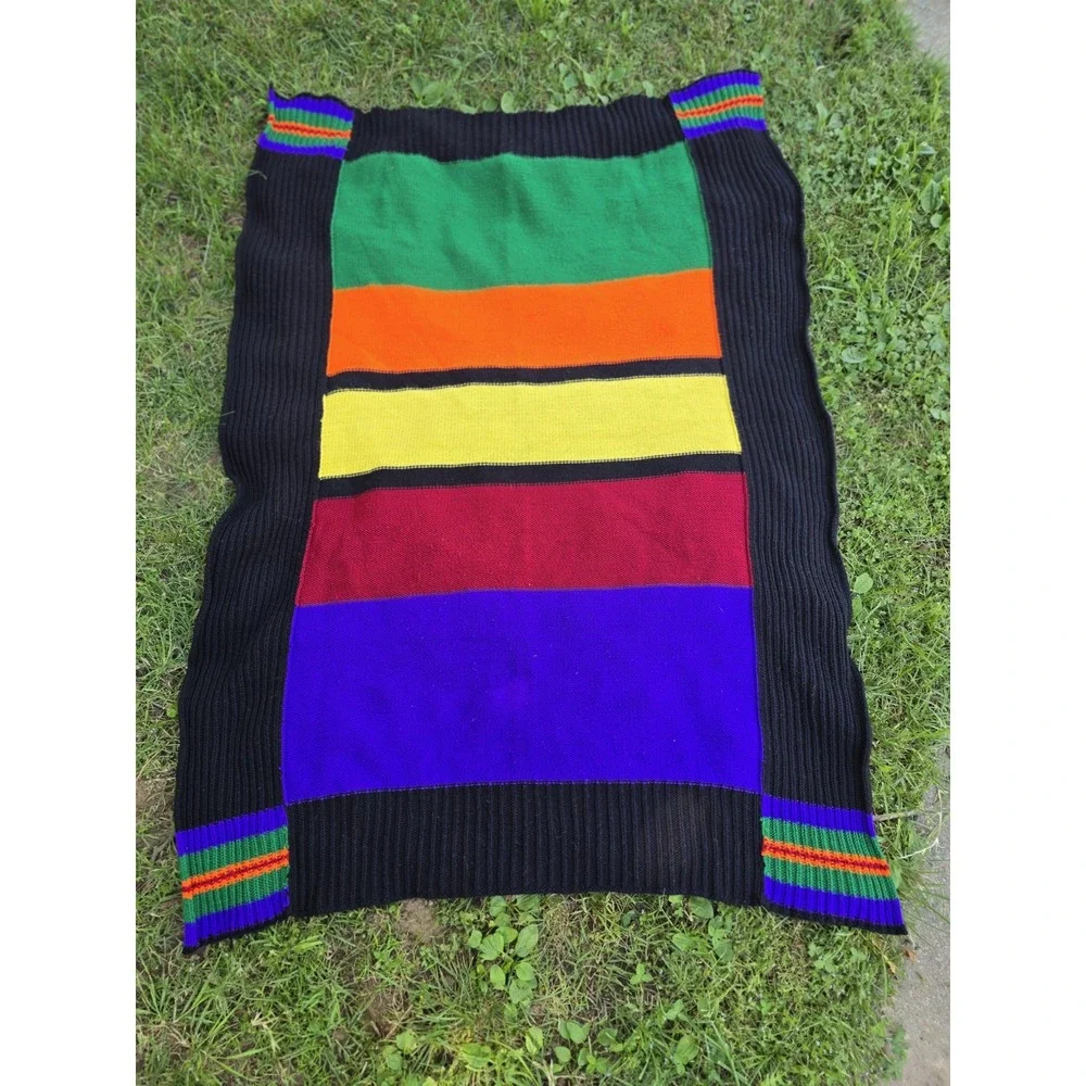 Vintage Multi Color Striped Knit Throw Blanket Multicolor Throw Blanket 69x48